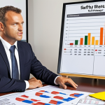 A confident safety manager at a negotiation table, presenting data and charts showcasing reduced accident rates and ROI on safety investments, emphasizing a win-win strategy.